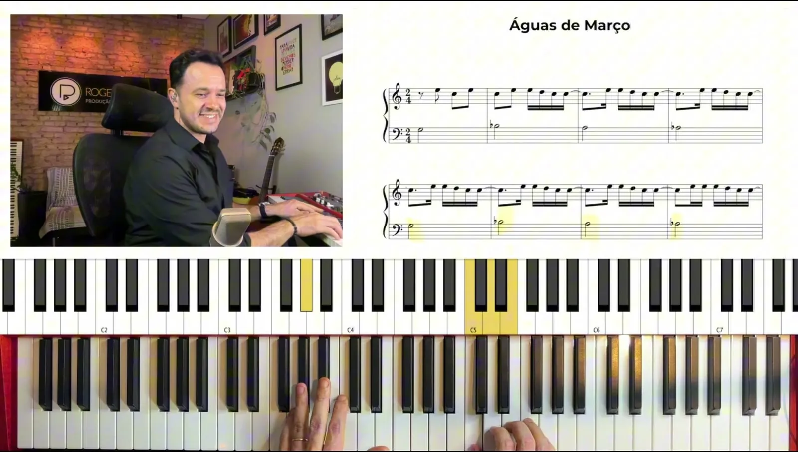 Aula do método por dentro: partitura, piano virtual e as mãos do professor na tela